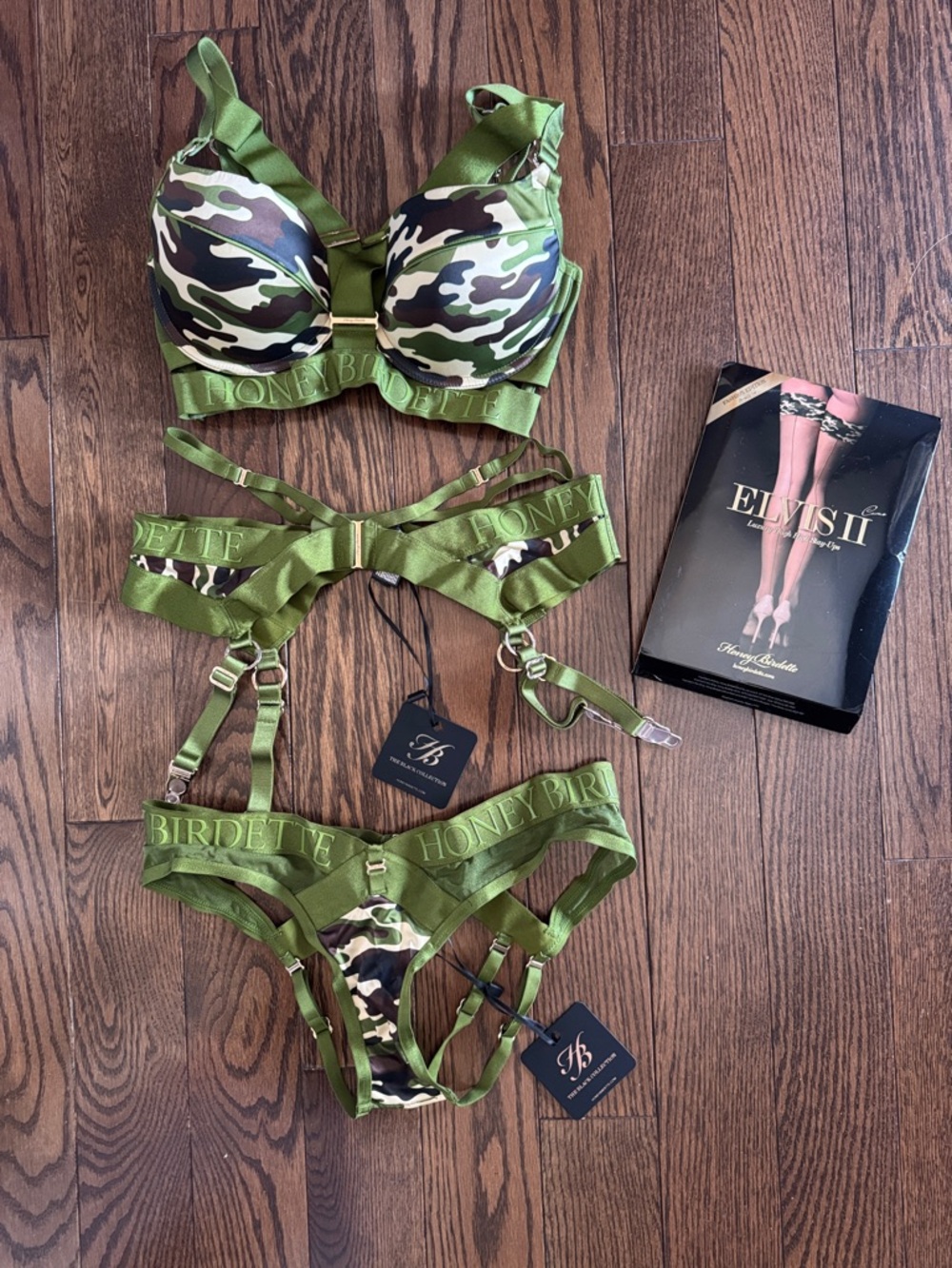 RARE Honey Birdette Elvis Green Camo Lace-Up lingerie set - 4 pieces 32DD, M, S